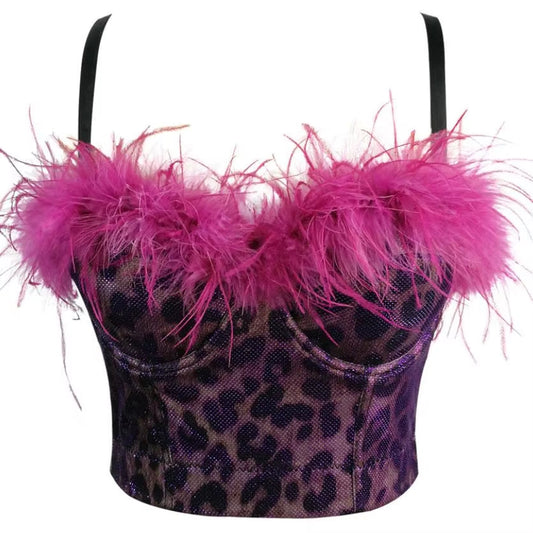 Feather Leopard Print Bra Corset 